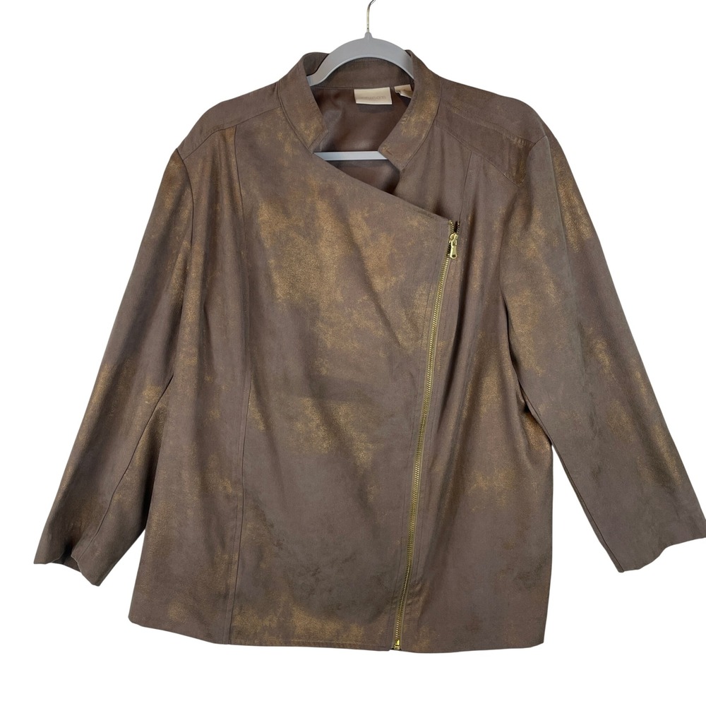 Chicos Brown Gold Metallic Faux Suede Moto Jacket Asymmetrical Zip Size 4 XL